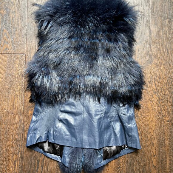 NWOT Leather Vest Navy Blue Real Fox Fur S size - Picture 9 of 16
